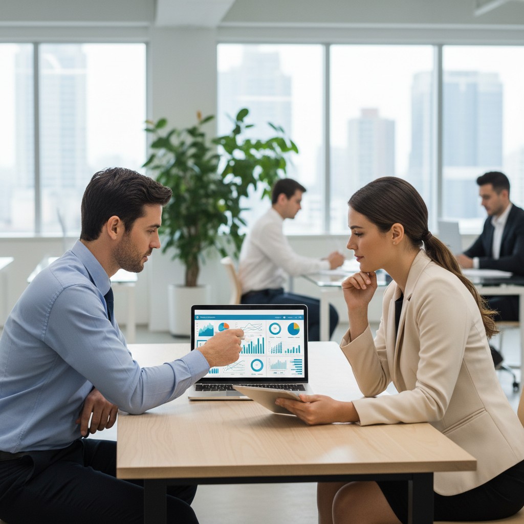 A man and woman sit across from each other in a bright office, facing towards the center, looking at a graph on the screen...