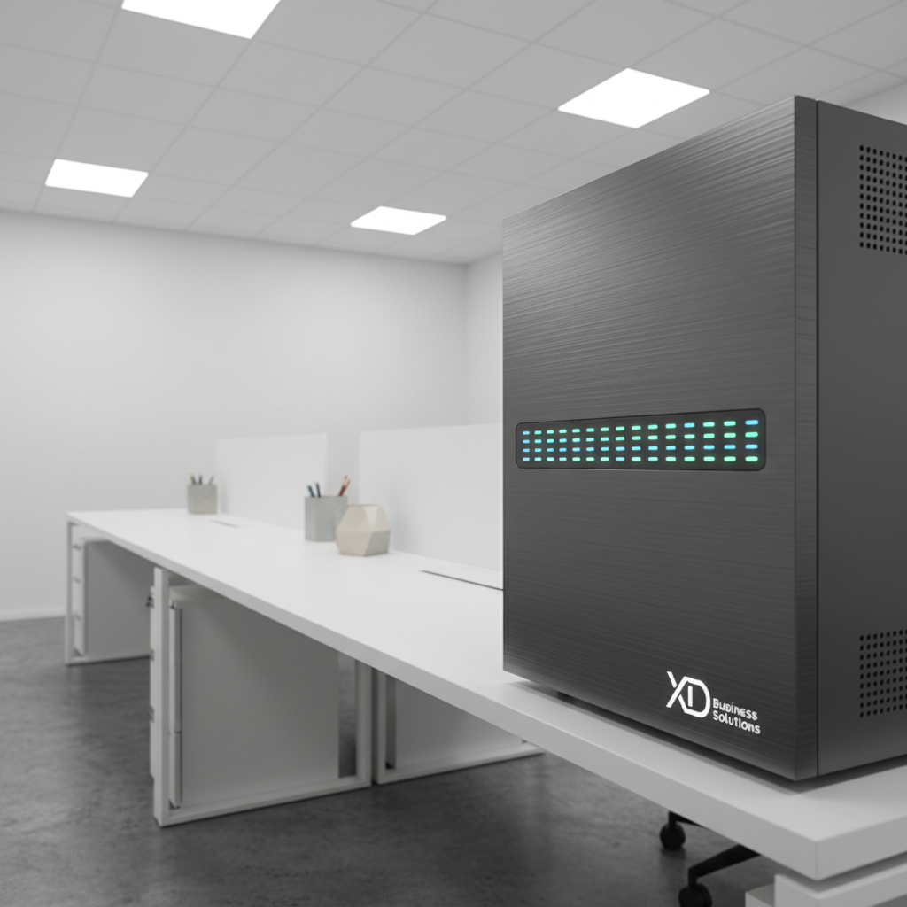 A pristine, charcoal gray network server housing with subtle, brushed-metal textures and crisp indicator lights, positioned at the end of a sleek, cable-managed desktop. The environment is an ultra-modern technology workspace with a white, minimalist decor and a few neutral-accented, geometric desktop organizers. Soft, focused overhead task lighting creates a subtle gradient of light and shadow, accentuating the unit's form while suggesting seamless, reliable infrastructure. Photographed from a low, side angle for dramatic impact while retaining structured balance, the mood is one of capability, innovation, and security—perfect for conveying the backend strength of XD Business Solutions’ technology consulting.
