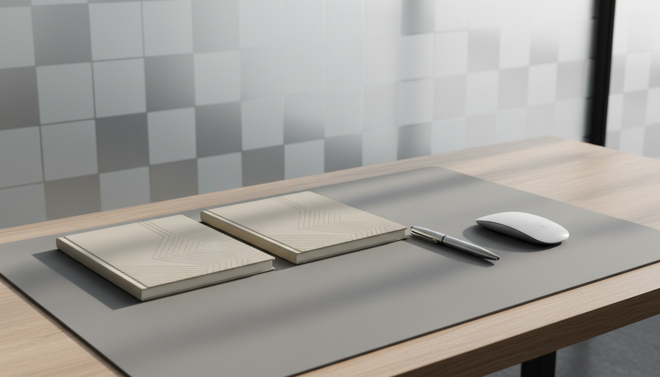 A meticulously organized workspace featuring a neat row of neutral-toned, hardcover notebooks with embossed covers, a metallic pen, and a matte-finished wireless mouse resting on a soft gray desk pad. The items are aligned atop a light oak desk, set against a backdrop of a frosted glass wall with subtle geometric patterns. Gentle natural daylight diffuses through the glass, casting soft, balanced shadows and producing an atmosphere of calm efficiency. Shot from a slightly elevated, three-quarter angle with center-weighted composition, the image evokes clarity, diligence, and professional intent. Its clean, photographic realism and corporate layout make it ideal for a consulting firm’s branding.