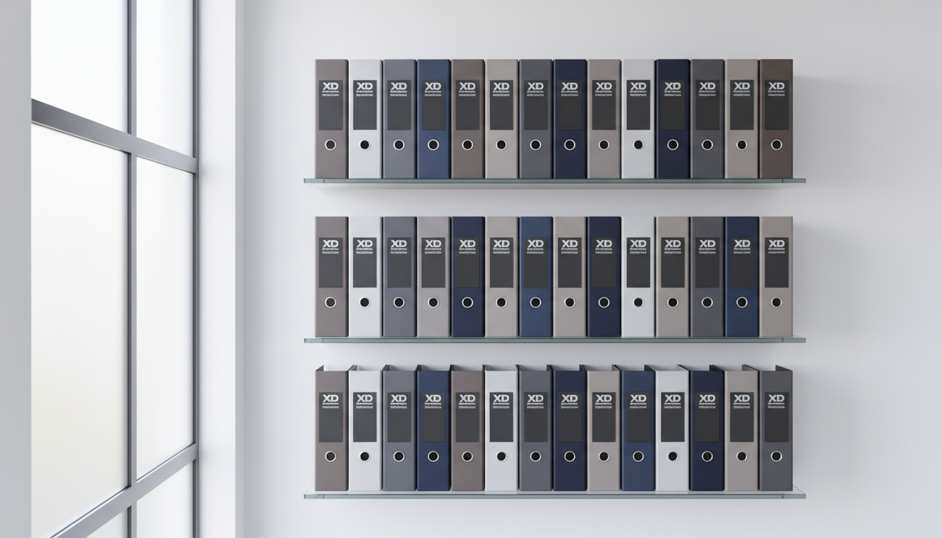 A collection of structured, matte-finished business binders with embossed silver labels neatly arranged on a minimalist glass shelving unit. Soft white walls and gentle indirect daylight from a large window provide a balanced, neutral-toned backdrop. The lighting produces consistent, shadow-free illumination, highlighting the pristine orderliness of the scene. The overall effect is one of reliability, meticulous organization, and professionalism. Photographed at an eye-level, straight-on composition with sharp focus, the image exudes a clean, corporate, and photographic aesthetic, reinforcing XD Business Solutions’ brand as experts in structured business consulting.